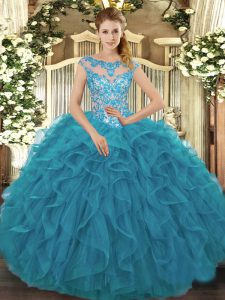 Classical Teal Lace Up Ball Gown Prom Dress Beading and Ruffles Cap Sleeves Floor Length