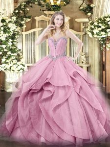 Fitting Sweetheart Sleeveless Quinceanera Dresses Floor Length Beading and Ruffles Pink Tulle