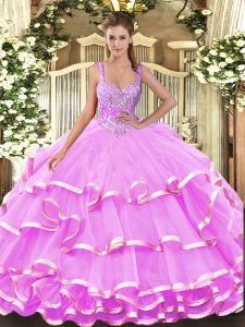 Exceptional Organza Sleeveless Floor Length 15th Birthday Dress and Beading and Ruffled Layers