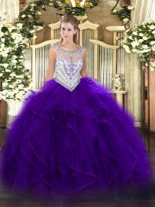 Purple Ball Gowns Beading and Ruffles Quinceanera Gowns Zipper Tulle Sleeveless Floor Length