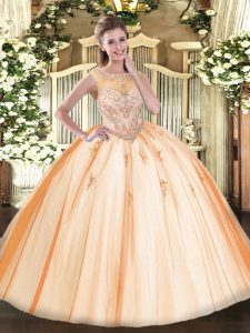 Stunning Floor Length Zipper Sweet 16 Quinceanera Dress Peach for Sweet 16 and Quinceanera with Beading and Appliques