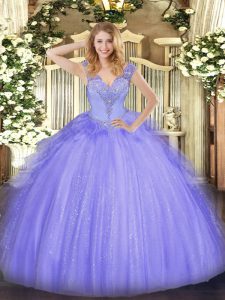 Lavender Ball Gowns V-neck Sleeveless Tulle Floor Length Lace Up Beading Sweet 16 Quinceanera Dress