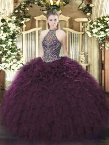 New Style Organza Halter Top Sleeveless Lace Up Beading and Ruffles Ball Gown Prom Dress in Dark Purple