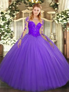 Lavender Long Sleeves Tulle Lace Up Sweet 16 Dress for Military Ball and Sweet 16 and Quinceanera