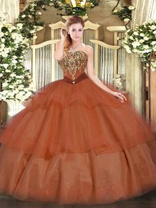 Graceful Strapless Sleeveless Lace Up Military Ball Gown Rust Red Tulle