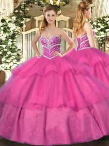 Hot Pink Lace Up Sweetheart Beading and Ruffled Layers Sweet 16 Dresses Tulle Sleeveless