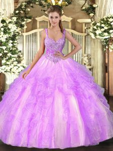 Custom Design Sleeveless Lace Up Floor Length Beading and Ruffles Quinceanera Gown