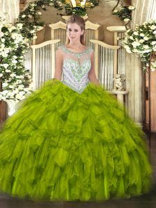 Gorgeous Scoop Sleeveless Quinceanera Dresses Floor Length Beading and Ruffles Olive Green Tulle