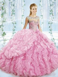 Attractive Baby Pink Organza Lace Up 15 Quinceanera Dress Sleeveless Brush Train Beading and Ruffles