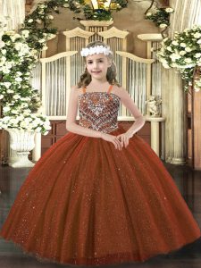High Quality Floor Length Ball Gowns Sleeveless Rust Red Pageant Dress Toddler Lace Up