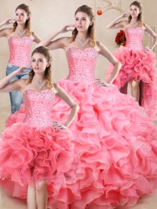 Custom Designed Sleeveless Organza Floor Length Lace Up Quinceanera Gown in Baby Pink with Beading and Ruffles and Ruching