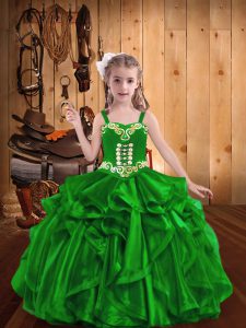 Sleeveless Floor Length Embroidery and Ruffles Lace Up Little Girl Pageant Gowns with Green