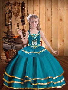Teal Lace Up Child Pageant Dress Embroidery and Ruffled Layers Sleeveless Floor Length
