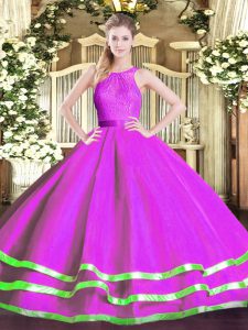 Tulle Scoop Sleeveless Zipper Lace 15 Quinceanera Dress in Fuchsia