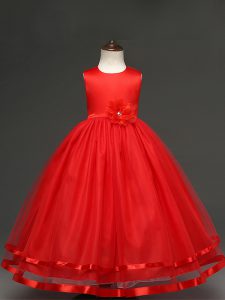 Low Price Sleeveless Tulle Floor Length Zipper Little Girls Pageant Gowns in Red with Hand Made Flower