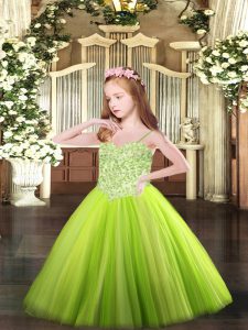 Spaghetti Straps Sleeveless Lace Up Kids Pageant Dress Yellow Green Tulle