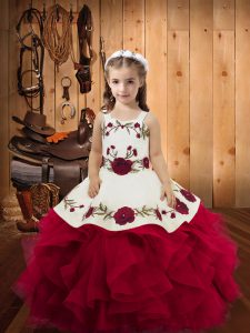 Fuchsia Straps Lace Up Embroidery and Ruffles Pageant Dress Toddler Sleeveless