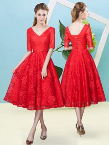 Red Lace Up Damas Dress Bowknot Half Sleeves Tea Length