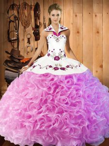 Halter Top Sleeveless Lace Up Military Ball Gowns Rose Pink Fabric With Rolling Flowers