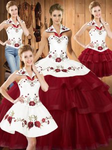 Wine Red Sleeveless Sweep Train Embroidery and Ruffled Layers With Train Sweet 16 Dresses