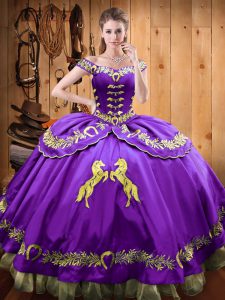 Satin and Organza Off The Shoulder Sleeveless Lace Up Beading and Embroidery Quince Ball Gowns in Purple