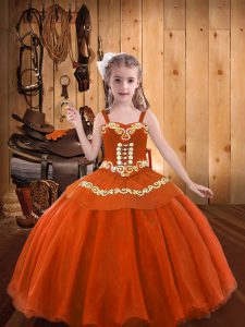 Orange Red Sleeveless Floor Length Embroidery and Ruffles Lace Up Pageant Gowns For Girls