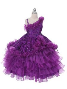 Purple Ball Gowns Asymmetric Sleeveless Organza Floor Length Lace Up Lace and Ruffles and Ruffled Layers High School Pageant Dress