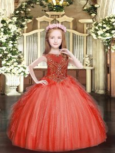 Excellent Sleeveless Floor Length Beading and Ruffles Zipper Pageant Dress Wholesale with Red