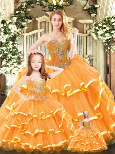 Lovely Sweetheart Sleeveless Quince Ball Gowns Floor Length Beading and Ruffled Layers Orange Red Tulle