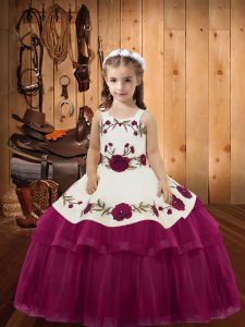 Sleeveless Lace Up Floor Length Embroidery and Ruffled Layers Little Girls Pageant Dress