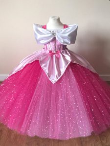 Customized Tulle Off The Shoulder Short Sleeves Zipper Sequins Pageant Gowns For Girls in Fuchsia