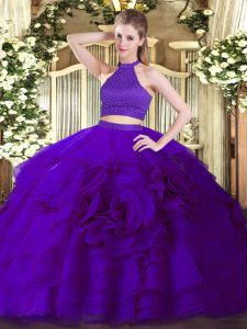 Vintage Halter Top Sleeveless Quinceanera Gown Floor Length Beading and Ruffles Purple Tulle