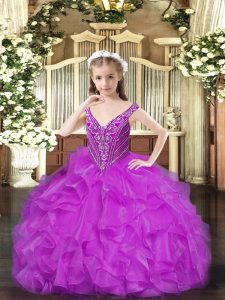 Best Purple Sleeveless Beading and Ruffles Floor Length Girls Pageant Dresses
