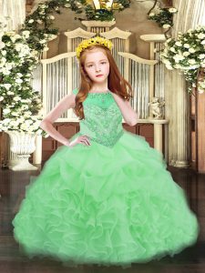 Pretty Floor Length Apple Green Child Pageant Dress Organza Sleeveless Beading and Ruffles and Pick Ups