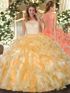 Floor Length Gold Quinceanera Gown Organza Sleeveless Lace and Ruffles