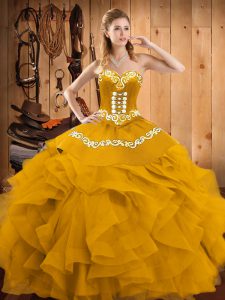 Luxury Gold Lace Up Sweetheart Embroidery and Ruffles Quinceanera Dresses Satin and Organza Sleeveless