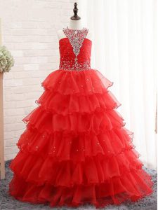 Red Sleeveless Organza Lace Up Pageant Dress for Girls for Wedding Party