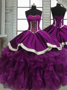 Best Sleeveless Floor Length Beading and Ruffles Lace Up Quinceanera Gown with Purple