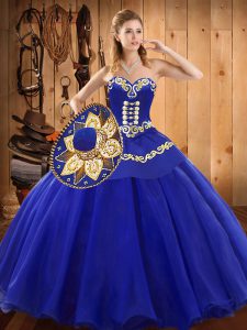 Custom Made Floor Length Lace Up Quinceanera Gown Blue for Military Ball and Sweet 16 and Quinceanera with Ruffles