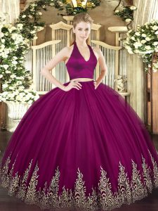 Latest Fuchsia Tulle Zipper Halter Top Sleeveless Floor Length Sweet 16 Dresses Appliques