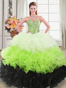 Organza Sweetheart Sleeveless Lace Up Beading and Ruffles Quince Ball Gowns in Multi-color