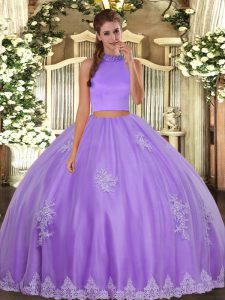 Flare Floor Length Two Pieces Sleeveless Lavender Quince Ball Gowns Backless