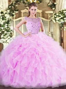 Sleeveless Floor Length Beading and Ruffles Zipper Quinceanera Dresses with Lilac