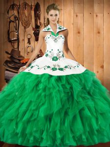 Green Halter Top Lace Up Embroidery and Ruffles Quinceanera Dress Sleeveless
