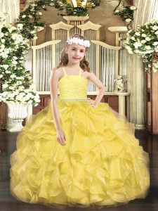 Glorious Gold Organza Zipper Little Girl Pageant Gowns Sleeveless Floor Length Beading and Lace and Ruffles