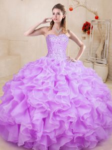 Suitable Lilac Organza Lace Up Sweet 16 Dresses Sleeveless Floor Length Beading and Ruffles