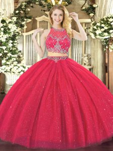 New Arrival Coral Red Zipper Scoop Beading Quinceanera Gown Tulle Sleeveless