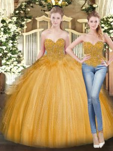 Pretty Sleeveless Tulle Floor Length Lace Up Quinceanera Dress in Gold with Beading and Ruffles