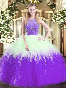 Graceful Multi-color Ball Gowns Tulle Halter Top Sleeveless Beading and Ruffles Floor Length Zipper 15 Quinceanera Dress