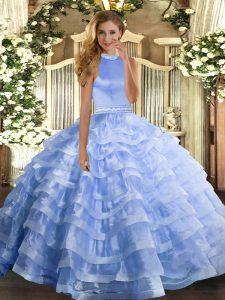 Blue Ball Gowns Beading and Ruffled Layers Sweet 16 Quinceanera Dress Backless Organza Sleeveless Floor Length